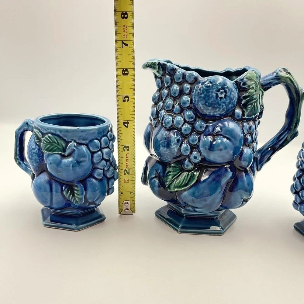 Inarco Japan Blue Fruit Pitcher & 2 Mugs Set E2431 / E2429 Vintage Ceramic 1960s